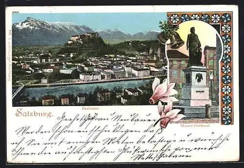AK Salzburg, Panorama und Mozart-Denkmal