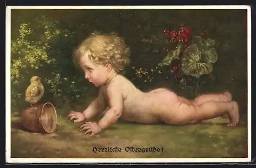 Künstler-AK M. Munk Nr. 1039: Wo kommst du Du her?, nackter Bube blickt auf ein Küken