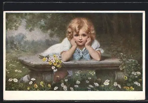 Künstler-AK M. Munk Nr. 1192: nachdenkliches Mädchen im blauen Kleid auf Steinbank