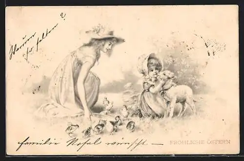 Künstler-AK M. Munk: Mädchen spielt auf der Wiese mit Lamm und Küken, Fröhliche Ostern