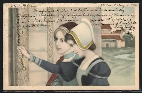 Künstler-AK M.Munk Nr. 137: Zwei Frauen läuten an einer Tür