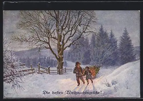 Künstler-AK M. Munk Nr. 1166: Kinder stapfen mit einem Weihnachtsbaum durch den Schnee, Weihnachtsgrüsse!