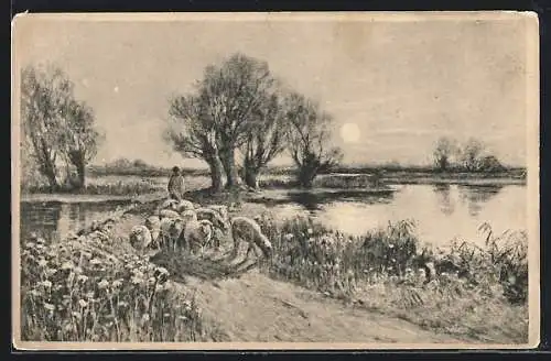Künstler-AK M. Munk Nr. 134: Schäfer passiert mit seiner Herde einen See