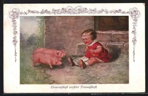 Künstler-AK M. Munk Nr. 1277B: Weinendes Kleinkind mit Essensschale und Schweinen