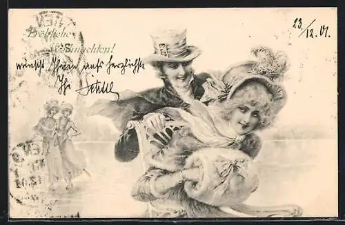 Künstler-AK M.Munk: Winterfreuden, Paar beim Eislaufen mit Schlittenstuhl