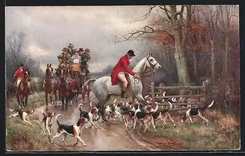 Künstler-AK M. Munk Nr. 573: Reisende in der Kutsche beobachten Reiter und Hunde bei der Fuchsjagd