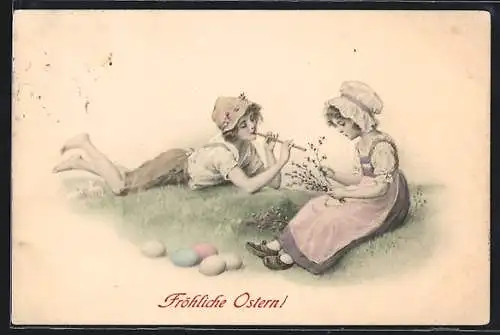 Künstler-AK M. Munk Nr. 258: Junge spielt auf der Flöte und Mädchen bindet einen Strauss Fröhliche Ostern