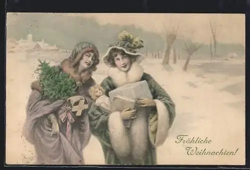 Künstler-AK Wichera, M. Munk Nr. 282: Zwei Damen im Schnee mit Weihnachtsgeschenken