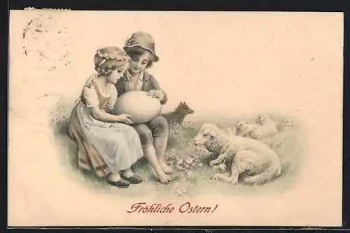 Künstler-AK M. Munk Nr. 258: Kinderpaar mit grossem Ei und Lamm, Ostergruss