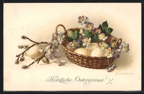 Künstler-AK M. Munk Nr. 1174: Flechtkorb mit Eiern, Blumen und Weidenkätzchen