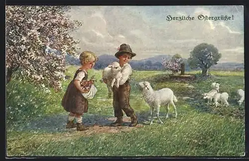 AK Fröhliche Ostern, Kinder spielen mit den Schafen auf der Weide