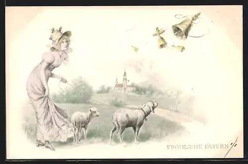 Künstler-AK M.Munk: Ostergruss, Mädchen mit Lämmern betrachtet geflügelte Glocken