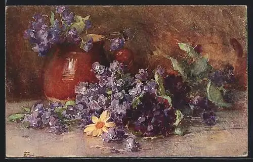 Künstler-AK M. Munk Nr. 521: Stillleben mit lila Blumen und Vase