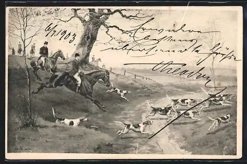 Künstler-AK M. Munk Nr. 107: Reiter und Hunde bei der Fuchsjagd