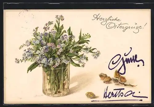 Künstler-AK M. Munk Nr. 1140: Ein Glas voller Osterblumen, Weidenkätzchen und Ostergrüsse
