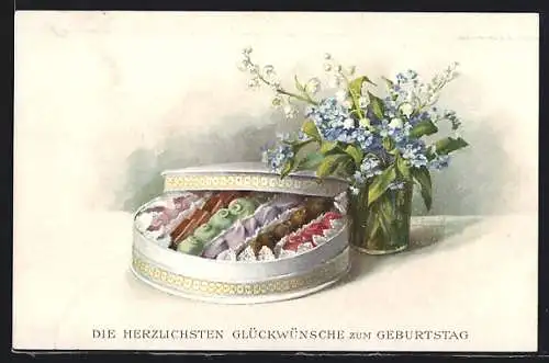 Künstler-AK M. Munk Nr. 1198: Stillleben mit Pralinen und Blumen in der Vase, Glückwünsche zum Geburtstag