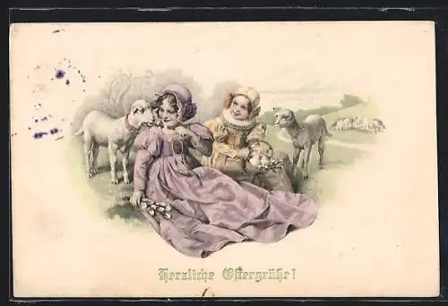 Künstler-AK M. Munk Nr. 354: Mädchen spielen mit den Lämmern auf der Wiese, Herzliche Ostergrüsse