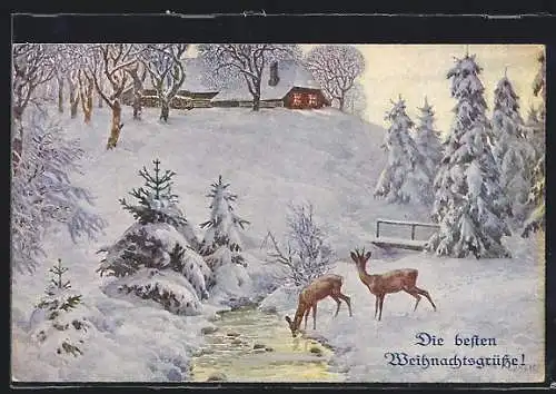 Künstler-AK M. Munk Nr. 1166: Rehe auf der verschneiten Lichtung, Die besten Weihnachtsgrüsse