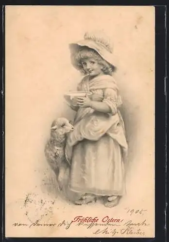 Künstler-AK M. Munk Nr. 217: Mädchen bringt dem Lamm eine Schale Milch, Fröhliche Ostern