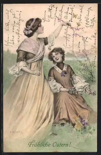 Künstler-AK M. Munk Nr. 356: Junge Damen pflücken Blumenblüten auf der Wiese, Fröhliche Ostern!