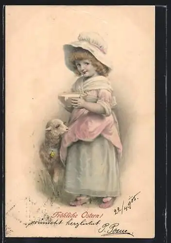 AK Ostern, Mädchen hält eine Schale, neben ihr steht ein Schaf
