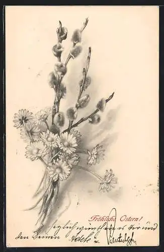 Künstler-AK M. Munk Nr. 221: Weidenkätzchen mit Gänseblümchen im Gebinde