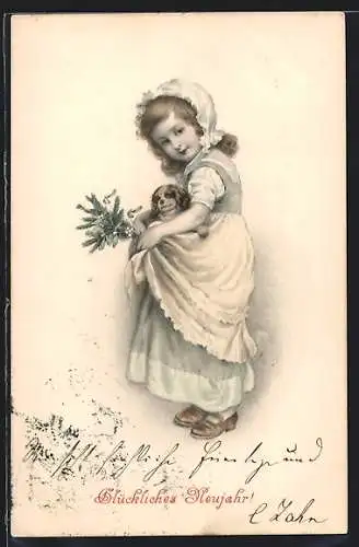 Künstler-AK M. Munk Nr. 238: Junges Mädchen mit einem Hundewelpen auf dem Arm, Neujahresgruss