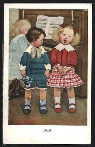 Künstler-AK Susan Beatrice Pearse: Duett, Kinder tragen zum Klavierspiel ein Liedchen vor