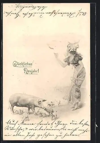 Künstler-AK M. Munk: Junge Dame betrachtet das Schwein und die Ferkel auf der Wiese, Glückliches Neujahr
