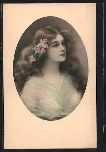 Künstler-AK M. Munk Nr. 352: Portrait einer jungen Frau mit Mittelscheitel und Fliederblüten im Haar