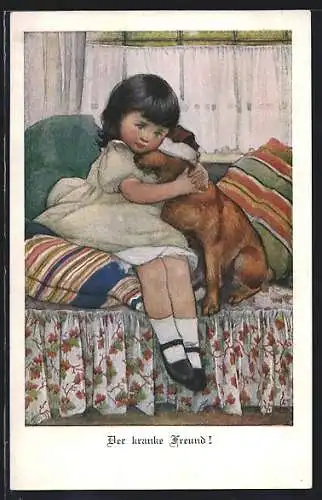 Künstler-AK M.Munk Nr.: 713, der kranke Freund, Mädchen mit ihrem Hund auf dem Sofa