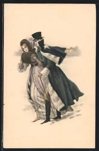 Künstler-AK M. Munk Nr. 391: Elegantes Paar beim Winterspaziergang