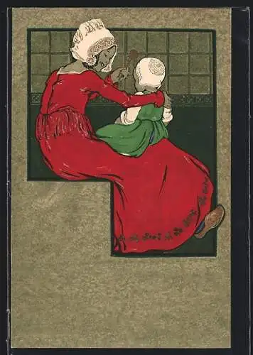 Künstler-AK M.Munk Nr.: 139, Mutter im roten Kleid spielt mit Babyrassel