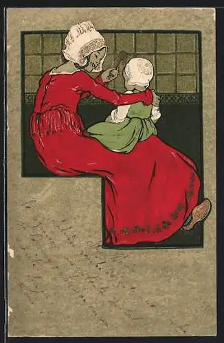 Künstler-AK M.Munk Nr.: 139, Mutter im roten Kleid spielt mit Babyrassel