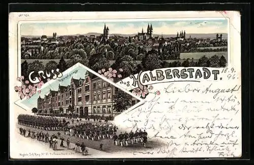 Lithographie Halberstadt, Gesamtansicht, Soldatenparade in der Spiegelstrasse