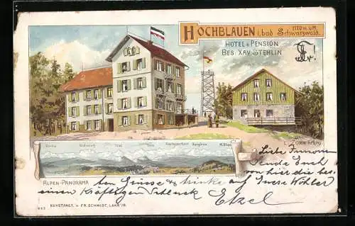 Lithographie Hochblauen i. bad. Schwarzwald, Alpen-Panorama, Hotel und Pension Stehlin