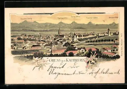 Lithographie Kaufbeuren, Gesamtansicht mit Gipfelpanorama