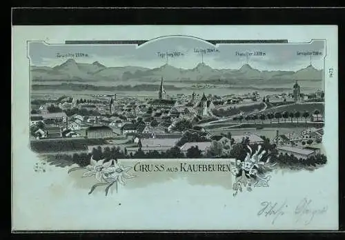 Mondschein-Lithographie Kaufbeuren, Gesamtansicht mit Gipfelpanorama