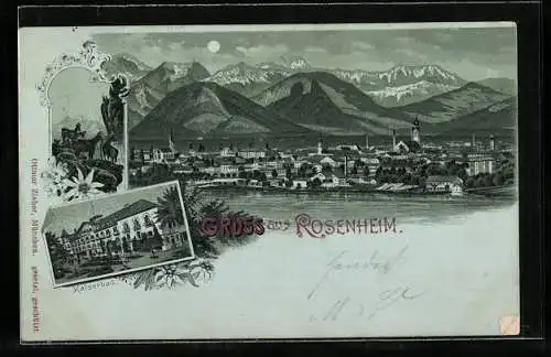 Mondschein-Lithographie Rosenheim, Gesamtansicht und Kaiserbad
