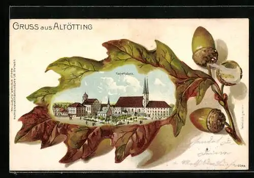 Lithographie Altötting, Kapellplatz im Eichenblatt