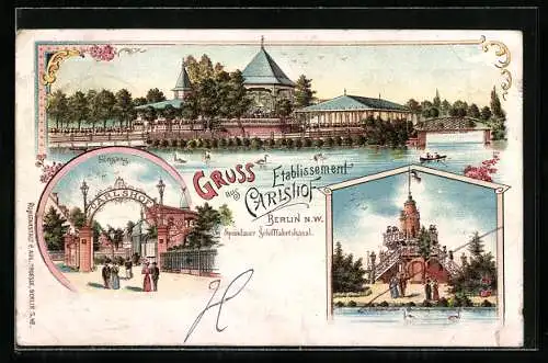 Lithographie Berlin-Charlottenburg, Etablissement Carlshof, Mehrfachansichten, am Spandauer Schifffahrtskanal