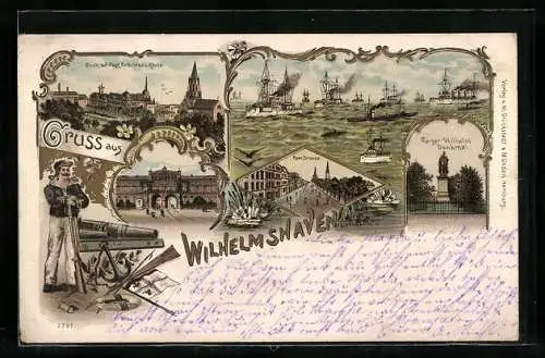 Lithographie Wilhelmshaven, Matrose mit Geschütz und Gewehr, Kriegsschiffe, Roonstrasse, Post, Rathaus & Kirche