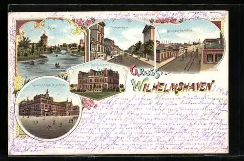 Lithographie Wilhelmshaven, Blick auf die Werft, Kaiserliche Post, Roonstrasse