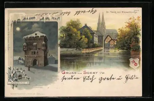Lithographie Soest i /W., Osthofentor im Schnee bei Vollmond, Gr. Teich mit Wiesenkirche