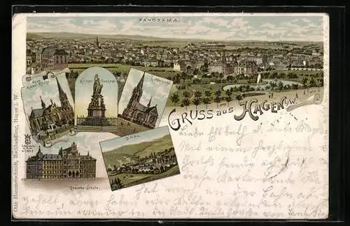 Lithographie Hagen i. W., Kriegerdenkmal, Lutherkirche, Gewerbe-Schule, Kath. Kirche und Panorama