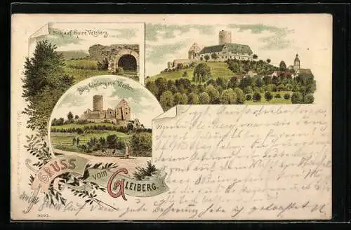 Lithographie Gleiberg, Burg Gleiberg von Westen, Blick auf Ruine Vetzberg