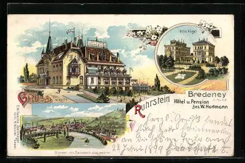 Lithographie Bredeney, Kurhaus Ruhrstein, Villa Hügel, Hotel u. Pension