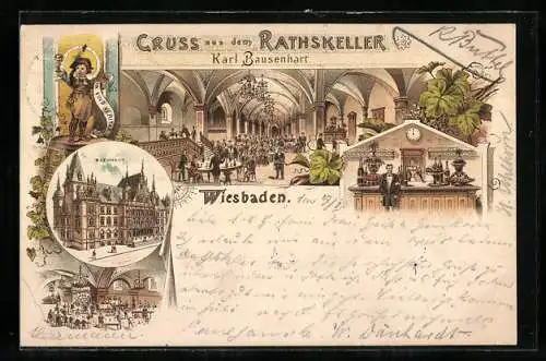 Lithographie Wiesbaden, Rathskeller Karl Bausenhart mit Rathaus