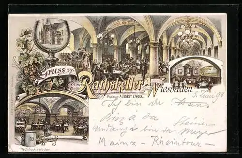 Lithographie Wiesbaden, Gaststätte Rathskeller, Innenansichten mit Gästen, Häzuser im Weinglas