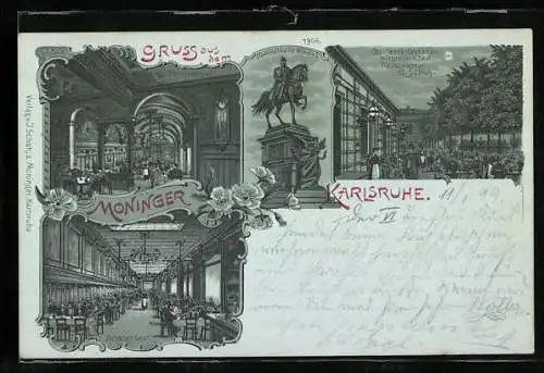 Lithographie Karlsruhe, Gartenrestauration Moninger, Inh.: J. Schuh, Denkmal Kaiser Wilhelm I.